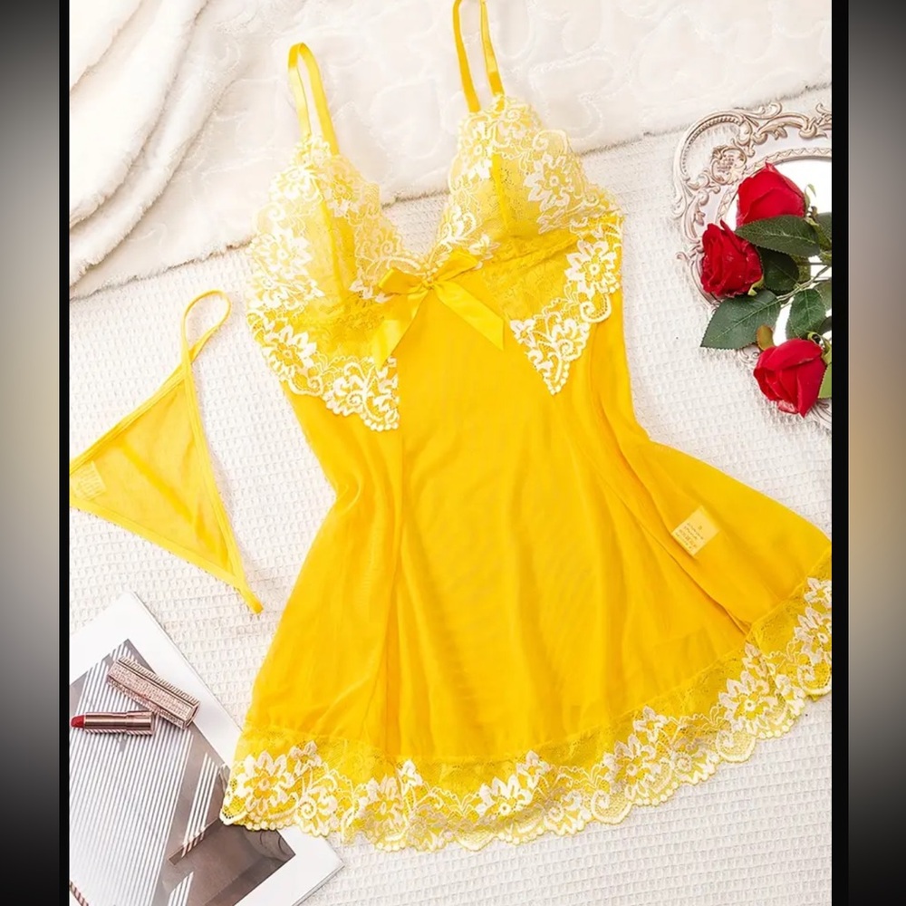 Womens Babydoll Lingerie Yellow Spring Summer Set